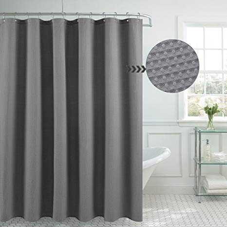 Waffle Weave Fabric Shower Curtain – Spa, Hotel Luxury, Heavy Duty, Water Repellent, Gray – Pique Pattern, 70" x 72" for Decorative Bathroom Curtains (230 GSM)