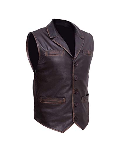Trendhoop Men's Brown Cowhide Leather Distressed Vest
