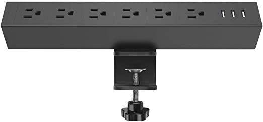 CCCEI Metal 6 Outlet Desk Clamp Power Strip, 380J Surge Protector Large Desktop Mount Outlet with 3 USB Ports, Fit 1.8 inch Tabletop Edge Thick. 10 FT Power Cord. (Black)