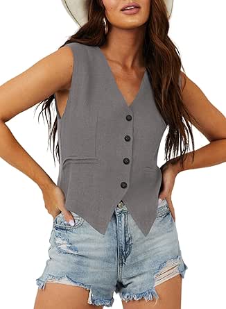 Dokotoo Womens Vest Dressy Casual V-Neck Button-Down Lined Suit Jacket Waistcoat Versatile Vests