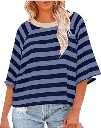 Summer Tops for Women 2024 Trendy Striped Crew Neck Short Sleeve Oversized T Shirts Color Block Casual Basic Tee