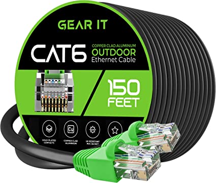 GearIT Cat6 Outdoor Ethernet Cable (150 Feet) CCA Copper Clad, Waterproof, Direct Burial, In-Ground, UV Jacket, POE, Network, Internet, Cat 6, Cat6 Cable - 150ft