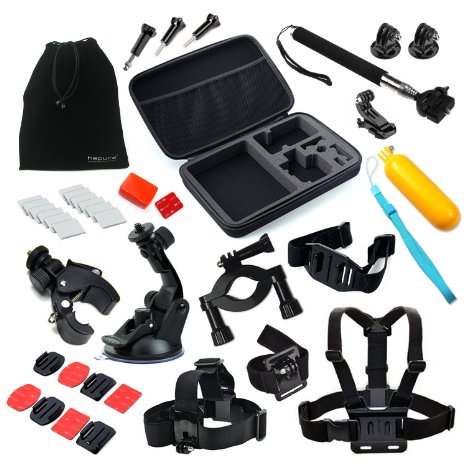 Hapurs Ourdoor Sports Professinal Accessories kit / bundle 30-in-1 for GoPro, Travel Carry Case   Telescoping Handheld Monopod   Handlebar Mount Holder   Chest strap   Head Strap   Wrist Strap   Helmet strap   Floating Hand Grip Monopod   Flat Curved Adhesive Mount   Suction Cup   Anti-Fog Inserts   big size Velvet Pouch For GoPro Hero 4 Hero 3  3 2 1 Cameras / 30pcs Accessories Set