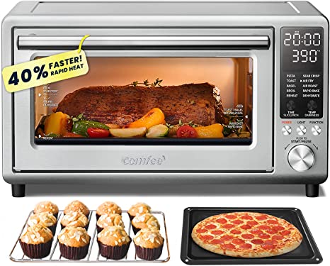 COMFEE' Toaster Oven Air Fryer FLASHWAVE™ Rapid-Heat Technology, Convection Oven Countertop with Bake Broil Roast, 6 Slices Large Capacity Fits 12’’ Pizza 24QT, 4 Accessories 1750W Stainless Steel