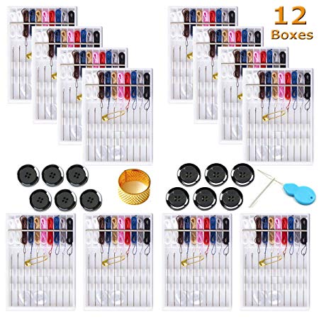 Y-Axis 12 Boxes Home and Travel Quick Fix Sewing Kit Pre Threaded Needle Kit, Each Box with 10 Pieces