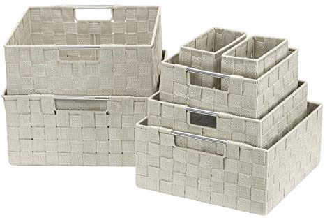 Sorbus Storage Box Woven Basket Bin Container Tote Cube Organizer Set Stackable Storage Basket Woven Strap Shelf Organizer Built-in Carry Handles (7 Piece - Beige)