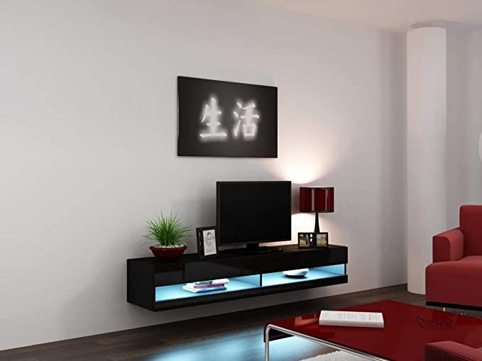 Right Deals UK High Gloss TV Stand Cabinet with LED Lights | Entertainment Floating Wall Unit#Black 140cm