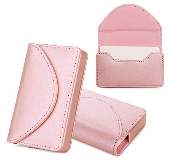 Fyy Business Card Holder, Business Card Case, 100% Handmade Premium PU Leather Business Name Card Case Universal Card Holder with Magnetic Closure (Hold 30 pics of cards) Rose Gold