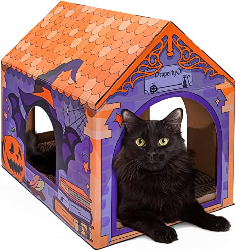 LiBa Cardboard Halloween Cat House with Scratch Pad and Catnip, Cat Bed for Indoor Cats, Cat Scratching Toy, Halloween Decorations Cat Gifts for Cats (Witchy)