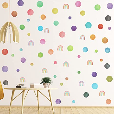 90 Pieces Boho Rainbow Wall Stickers Decals Colorful Polka Dot Wall Decals Cute Wallpaper Watercolor Wall Stickers Peel and Stick Removable Waterproof Decals for Kids Room Bedroom Nursery Decor