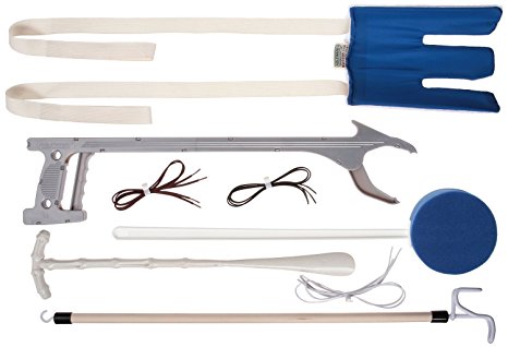 DMI Dressing Kit, Deluxe Dressing Aid, Knee and Hip Replacement Kit, With Sock Aid, No Tie Shoelaces, Dressing Stick, Long Handled Sponge, Reacher Grabber, and Shoe Horn, Blue and White