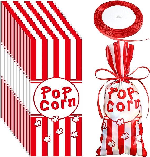 100 Pieces Popcorn Cellophane Bags Carnival Goodie Bags Red and White Stripe Treat Bags with A Roll of Red Ribbon for Chocolate Candy Snacks Cookies Carnival Birthday Party Supplies