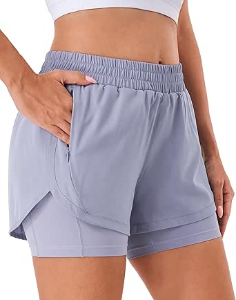 Stelle Women 2 in 1 Running Shorts High Waisted Athletic Shorts Gym Workout Shorts with Liner Zipper Pockets