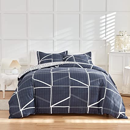Uozzi Bedding 3 pcs Navy White Line Queen Size Duvet Cover Set with Stripes- 1 Duvet Cover and 2 Pillow Shams - Soft and Comfortable, Brushed Microfiber, Reversible Style 4 Ties and Zipper Design