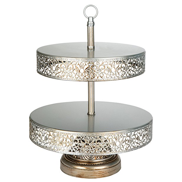 Victoria Collection Antique Silver 2 Tier Cupcake Stand, Round Metal Dessert Wedding Party Display Tower with Reversible Plates