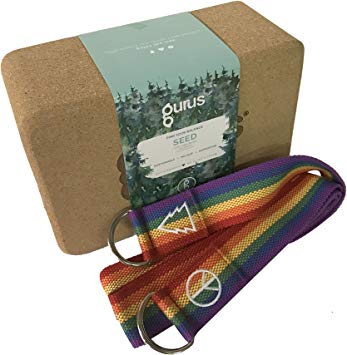 Gurus Four Options, Accessories Bundle with Natural Odor Free Cork Yoga Block and Strap, Flexible Cotton Rainbow, Grey, and Mint Green Yoga Stretching Strap, Doubles as a Mat Sling