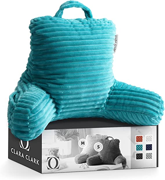 Clara Clark Cut Plush Striped Reading Pillow for Kids & Teens, Medium Back Pillow, Back Support Pillow, Shredded Memory Foam Bed Rest Pillow with Arms, Teal