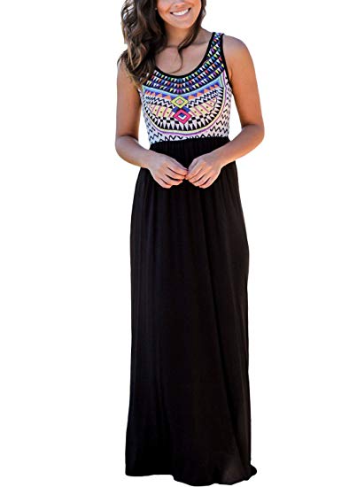 Asvivid Women's Sleeveless Aztec Print Summer Beach Dress Casual Maxi Long Dresses