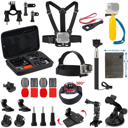 Vanwalk 19-in-1 Accessories Bundle kit for sj4000/sj5000 WiFi Action Cameras and GoPro Hero 4 3  3 2 1 / Carry Case / Chest Belt harness / Head Strap / Telescopic Pole / Floating Handle Grip
