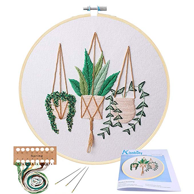 Full Range of Embroidery Starter Kit with Pattern, Kissbuty Cross Stitch Kit Including Embroidery Cloth with Plant Pattern, Bamboo Embroidery Hoop, Color Threads and Tools Kit (Epipremnum Aureum)