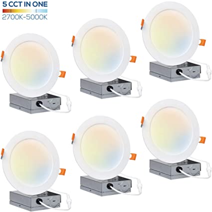 Hyperikon 6 inch LED Recessed Lighting Selectable Color Temperature 5CCT 2700K-5000K, 14W Slim Downlight with Junction Box, UL, Energy Star, 6 Pack