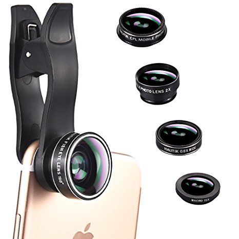 5 in 1 Cell Phone Camera Lens, iPhone Camera Lens Kit with Fisheye Lens 15X Macro Lens  0.6X Wide Angle Lens  2X Telephoto lens and CPL Lens Clip On Lenses for iPhone 8/7/6/5/4 and Samsung Smartphones