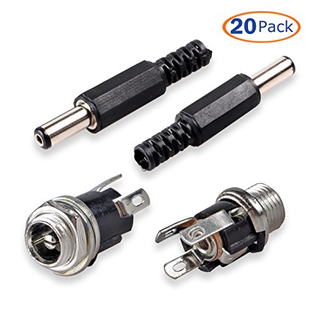 Conwork 10-Pack 5.5mm x 2.1mm Male DC Power Plug Connector & 10-Pack Screw Lock Female Panel Socket Mount Adapter
