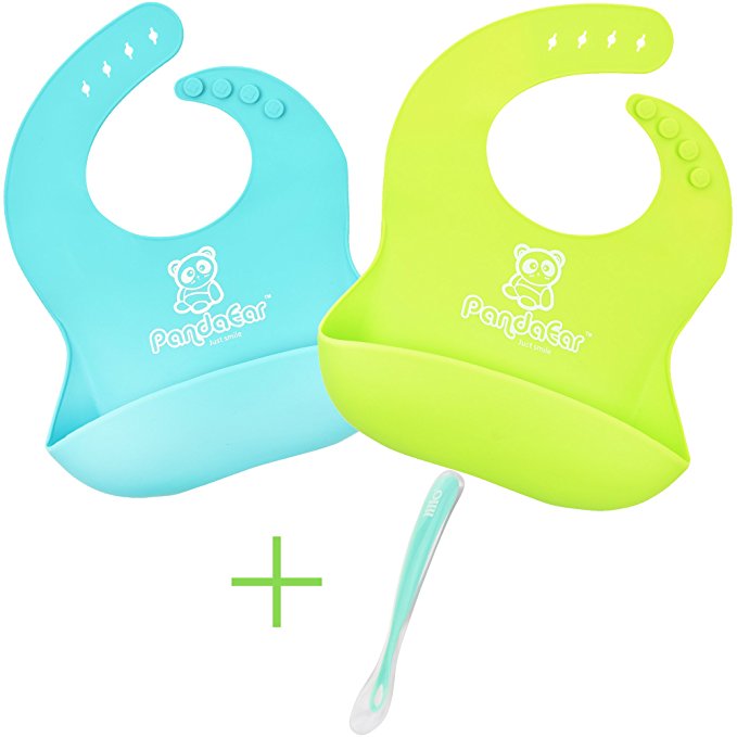 Set of 2 Colors Cute Silicone Baby Bibs and Burp Cloths by Panda Ear-Waterproof, Soft, Unisex, Non Messy ,FREE $5 SOFT TIP BABY SPOON INCLUDED-100%