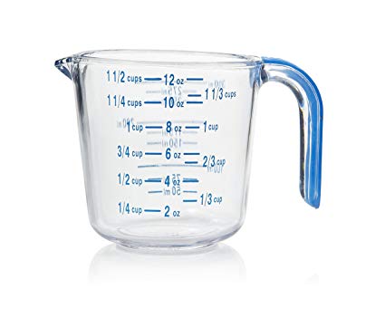 Arrow Home Products 00030 1-1/2 Cup Cool Grip Measure Cup, 12-Ounce Capacity, Crystal with Blue Handle and Graduates