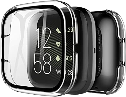 LK 2 Pack Tempered Glass Case Compatible with Fitbit Versa 2 Screen Protector, All-around Bumper Protective, Hard PC Protector Cover Smartwatch Accessories - Clear