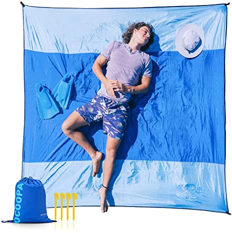 OCOOPA Diveblues S10 Beach Blanket Waterproof Sandproof, 87" x 83" Extra Large Family Size Beach Mat, Compact& Lightweight, Reinforced Windproof, 4 Stakes&1 Travel Bag