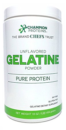 Unflavored Gelatin Powder, Gelatine Collagen Protein, Paleo Friendly, Gluten Free, All Natural, No Preservatives, Non-GMO, Champion Proteins Gelatine is PROUDLY MADE IN THE USA, 1/LB (16 oz)