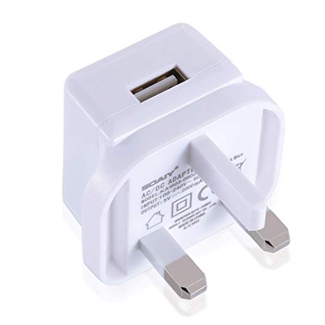 SOAIY 5V2A USB Fast Charger Plug 3 Pin UK Main Adapter Plug,White (2A-1PCS)
