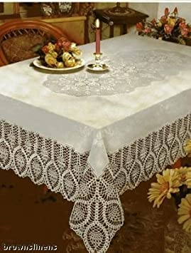 New Crochet Vinyl Lace Tablecloth, 54" wide X 72" long Oblong, Bone Beige