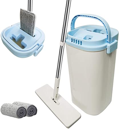 EZ SPARES Mop and Bucket with Wringer Set,Floor Cleaning Mop Self Wringing,Microfiber Hardwood Mop,Wet/Dry Pads,Stainless Steel Handle,Hands-free for Home and Office Wet or Dry Floor Tile Cleaning
