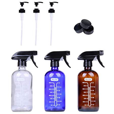 3 Pack Glass Spray Bottles for Essential Oils, Cleaning Solutions, DIY Aromatherapy, Homemade Skincare-16oz Cobalt Blue Clear Amber Brown Container Kit come with 3 Dispenser Pumps