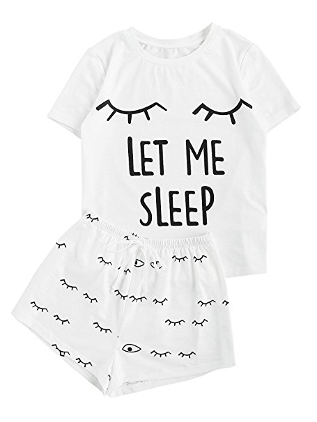 WDIRA Women's Sleepwear Closed Eyes Print Tee and Shorts Pajama Set