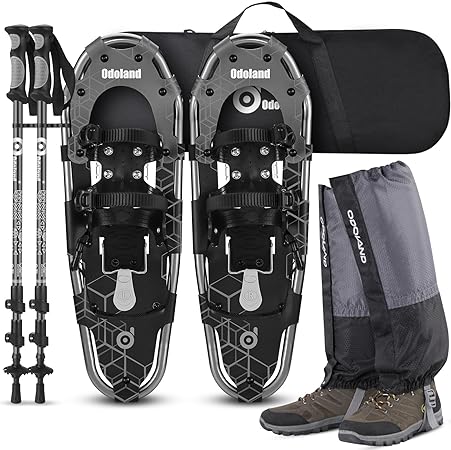 Odoland 4-in-1 Lightweight Snow Shoes Set for Men Women Youth Kids, Easy to Use Snowshoes with Trekking Poles, Waterproof Snow Leg Gaiters and Carrying Tote Bag, Size 21''/25''/30''