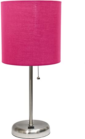Limelights LT2044-PNK Stick USB Charging Port and Fabric Shade Table Lamp, Brushed Steel/Pink