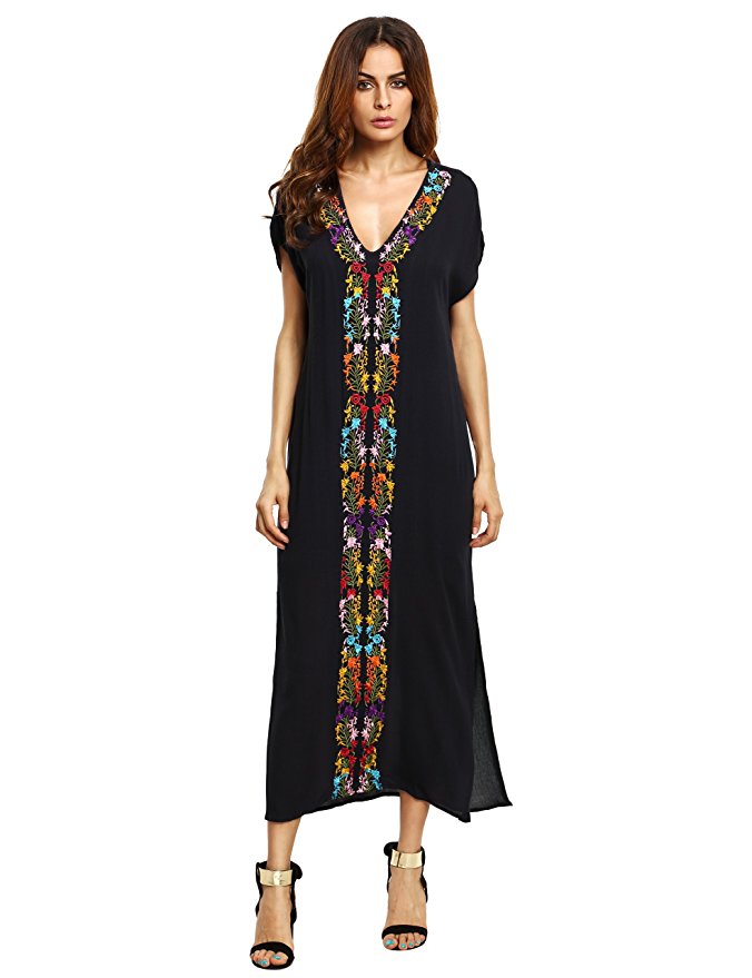 Milumia Women's Bohemian Floral Embroidery Split Maxi Dress Cover Ups