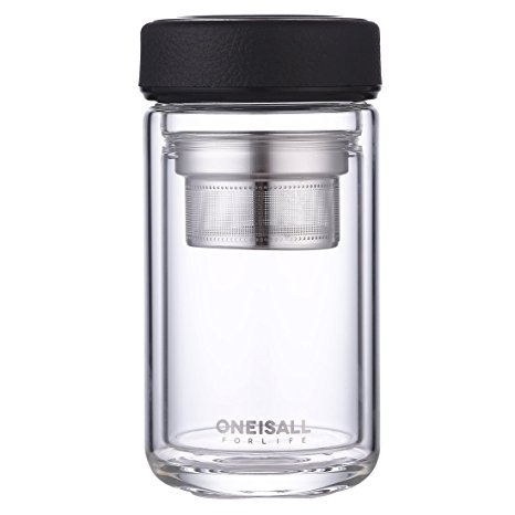 ONEISAll GYBL046 320ML Glass Drinking Water Bottle, Ultra Clear Spill-proof Strong Double-wall Borrosilicate Glass Tea Tumbler with Strainer,410G