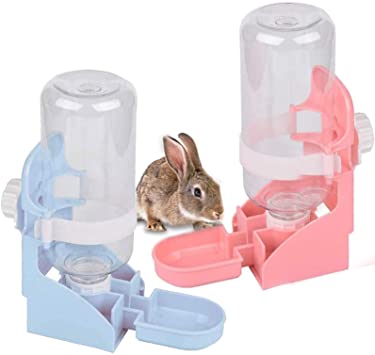 kathson 2pcs Rabbit Water Bottle, 17oz Hanging Water Fountain Automatic Dispenser No Leak WaterFeeder for Bunny Chinchilla Guinea Pig Hedgehog Ferret (Blue & Pink)