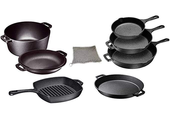 Pre Seasoned Cast Iron 8 Piece Bundle Camping Gift Set, Double Dutch, 16 inch Pizza Pan, 3 Skillets & Square Grill Pan, Camping Cookware Set