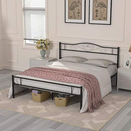 VECELO Metal Platform Bed Frame with Headboard & Footboard, Steel Slats Mattress Foundation, No Box Spring Needed, Queen, Charcoal Black