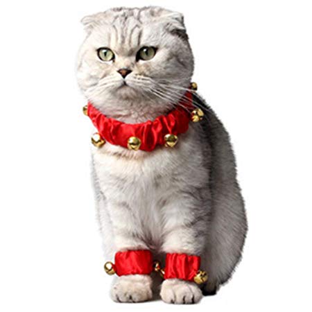 ANIAC Pet Christmas Elastic Santa Collar Foot Ring Leg Sleeve Cuffs with Bell for Cats and Small Dogs Red