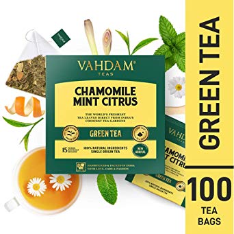 VAHDAM, Chamomile Mint Citrus Green Tea, 100 Count | Low Caffeine & Sleep Time Tea | 100% Natural Detox Chamomile Tea Bags for Night Time | Green Tea Bags 100 Count | Brew Hot or Iced