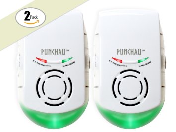 Punchau Indoor Ultrasonic Pest Repeller wNightlight - Electronic Repellent for Mice Roaches Mosquitoes Ants Spiders Flies Fleas Rodents Insects and Other Pests - Twin Pack Enhanced Frequency