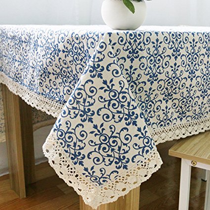ColorBird Vintage Navy Damask Pattern Decorative Macrame Lace Tablecloth Heavy Weight Cotton Linen Fabric Decorative Table Top Cover (55 Inch x 55 Inch)