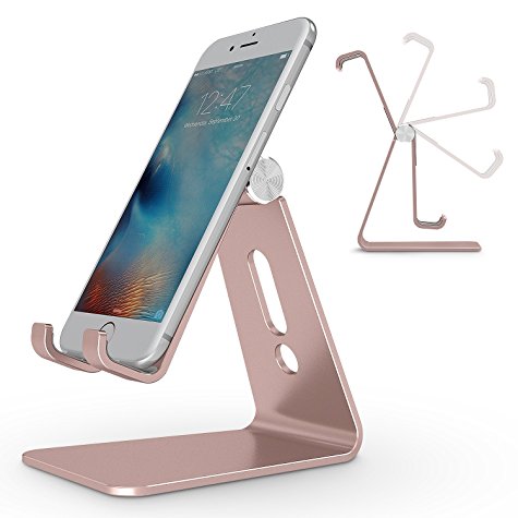 Adjustable Cell Phone Stand, OMOTON Aluminum Desktop Cellphone Stand with Anti-Slip Base and Convenient Charging Port, Fits All Smart Phones, Rose Gold