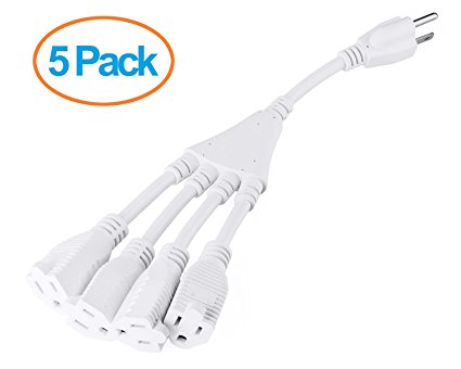 Aurum Cables 3 Prong 1-to-4 Power Cord Splitter Cable - Power Extension Cord - Cable Strip Outlet Saver - Outlet Splitter Electrical Cord - 1 Foot - 16AWG - UL approved - White - 5 Pack
